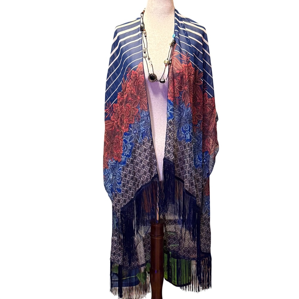 DressBarn Women One Size Blue Red Floral Stripe Kimono Duster Fringe